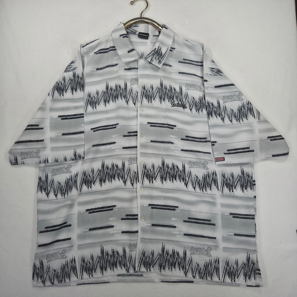 Y2K Southpole Mens 3XL Short Sleeve Button Up Shirt Graffiti Print Gray